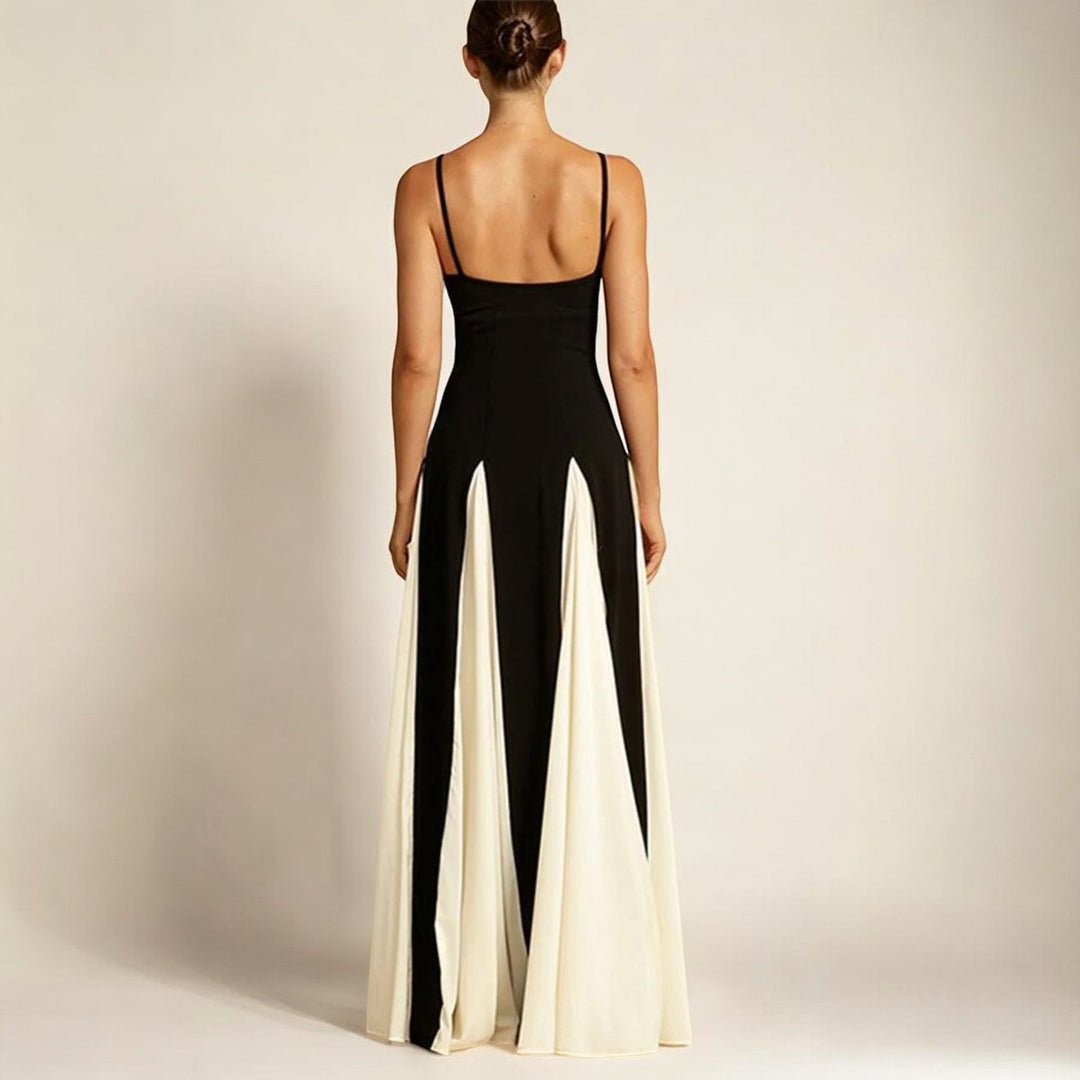 Floor-Length Maxi Dress with Adjustable Straps and Black White Color Blocking