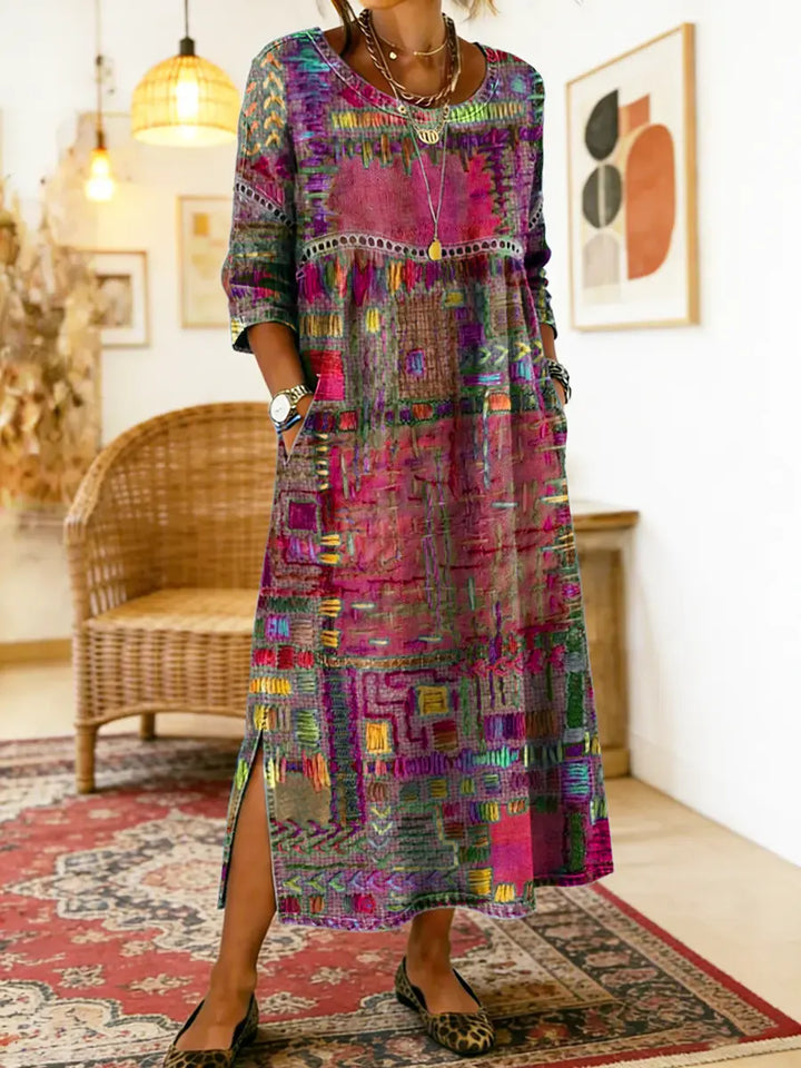 Printed Midi Dress with Long Sleeves and Relaxed Fit, Round Neckline