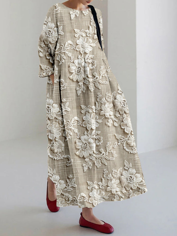 Floral Print Maxi Dress with Three-Quarter Sleeves and Flowing Silhouette