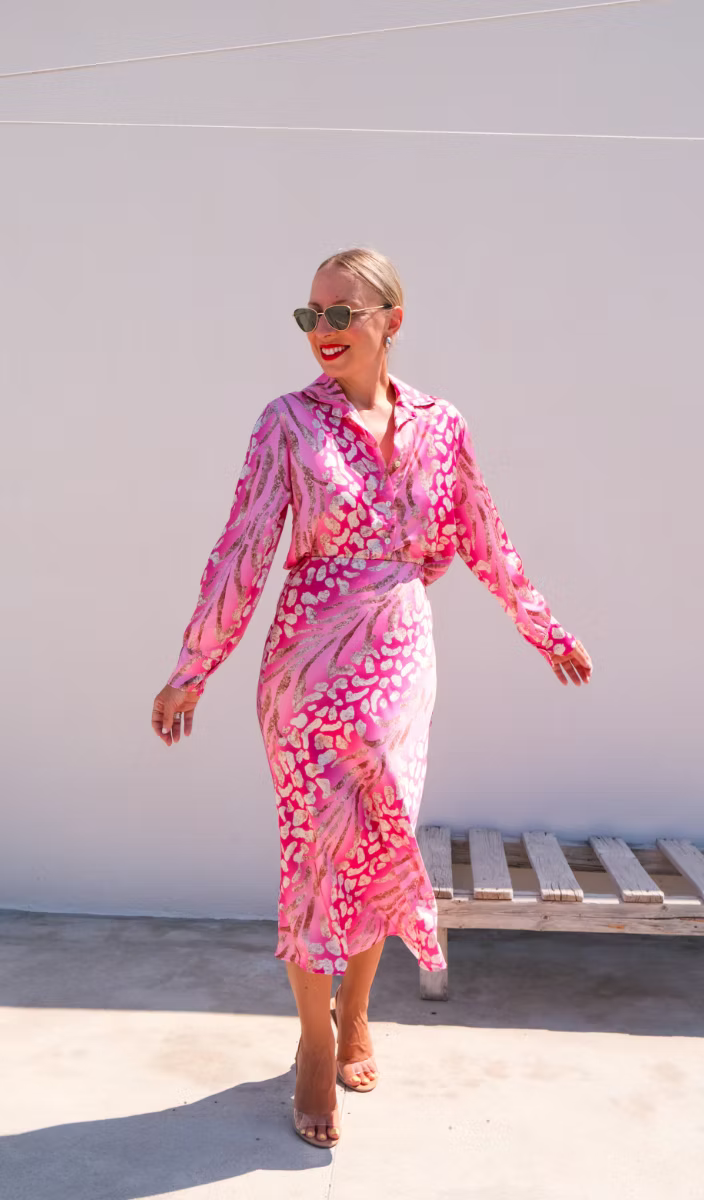 Long Sleeve Flowing Dress with Wrinkle-Resistant Fabric and Structured Neckline