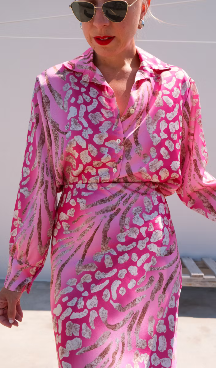 Long Sleeve Flowing Dress with Wrinkle-Resistant Fabric and Structured Neckline