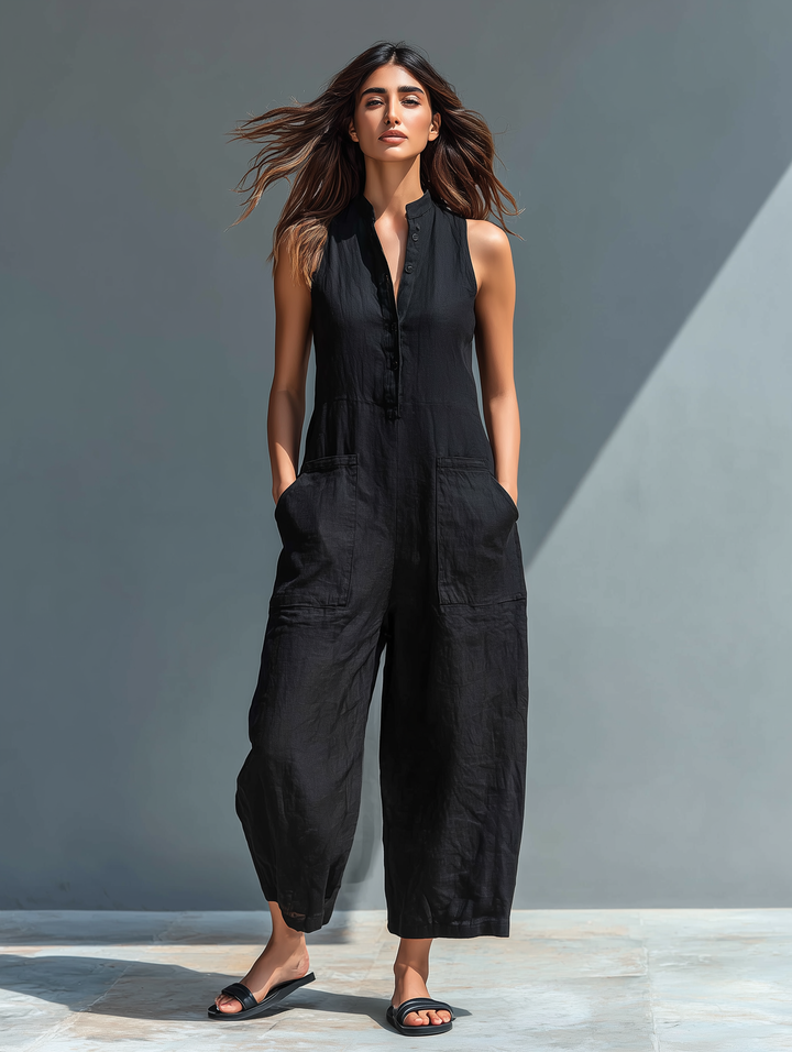 Sleeveless Jumpsuit with Mandarin Collar and Wide Leg Cut