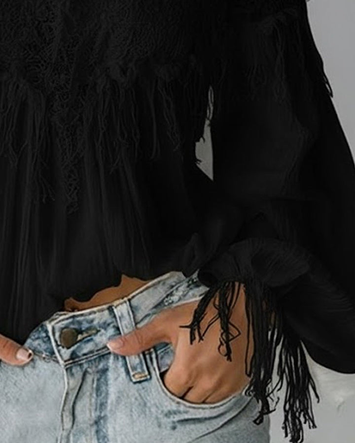 Women's Backless Blouse with Puff Sleeves and Lace Fringe Detail