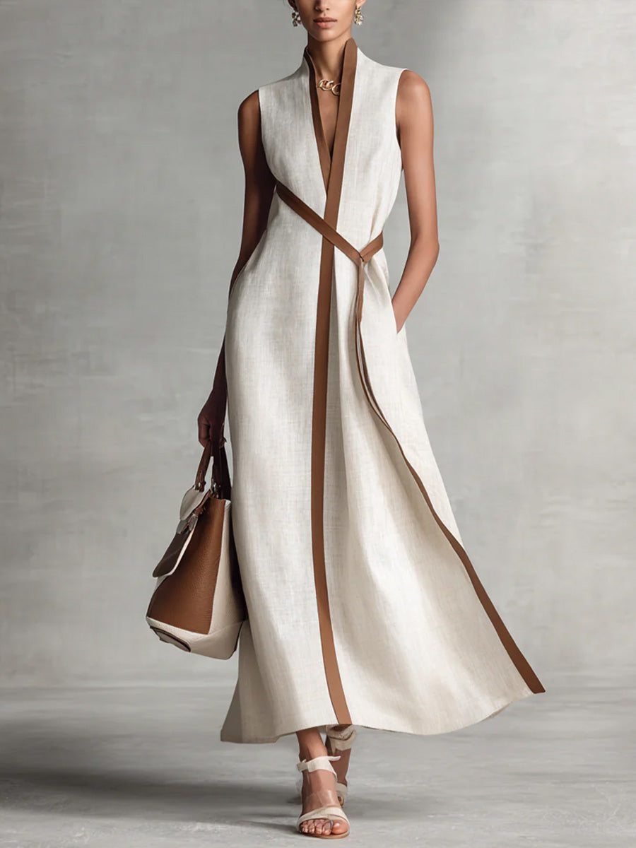 Wrap Maxi Dress with Adjustable Tie Closure and Contrast Trim, Side Pockets