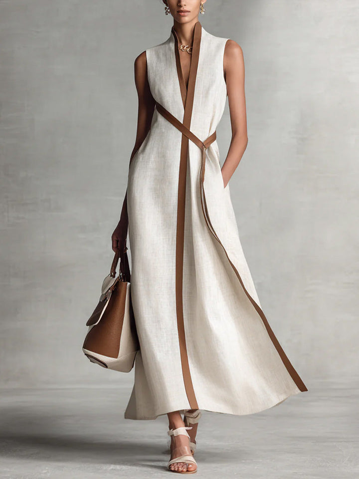Wrap Maxi Dress with Adjustable Tie Closure and Contrast Trim, Side Pockets