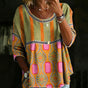 Printed Cotton-Polyester Blouse with Three-Quarter Sleeves and Round Neckline