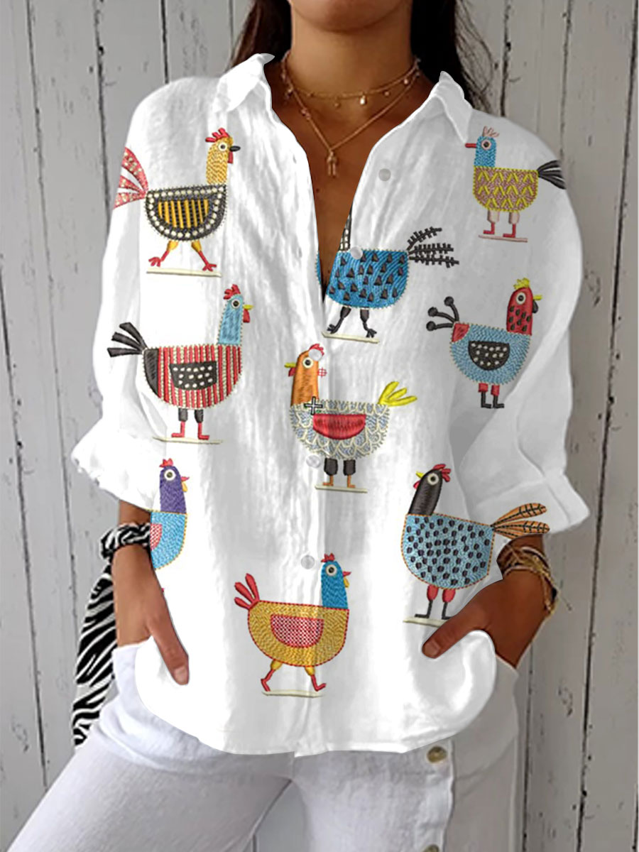 Hen Illustration Button-Down Blouse with Countryside Print on White