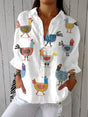 Hen Illustration Button-Down Blouse with Countryside Print on White
