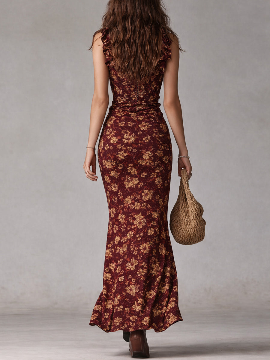 Maxi Dress with Flutter Sleeves and Side Slit, Breathable Bohemian Style