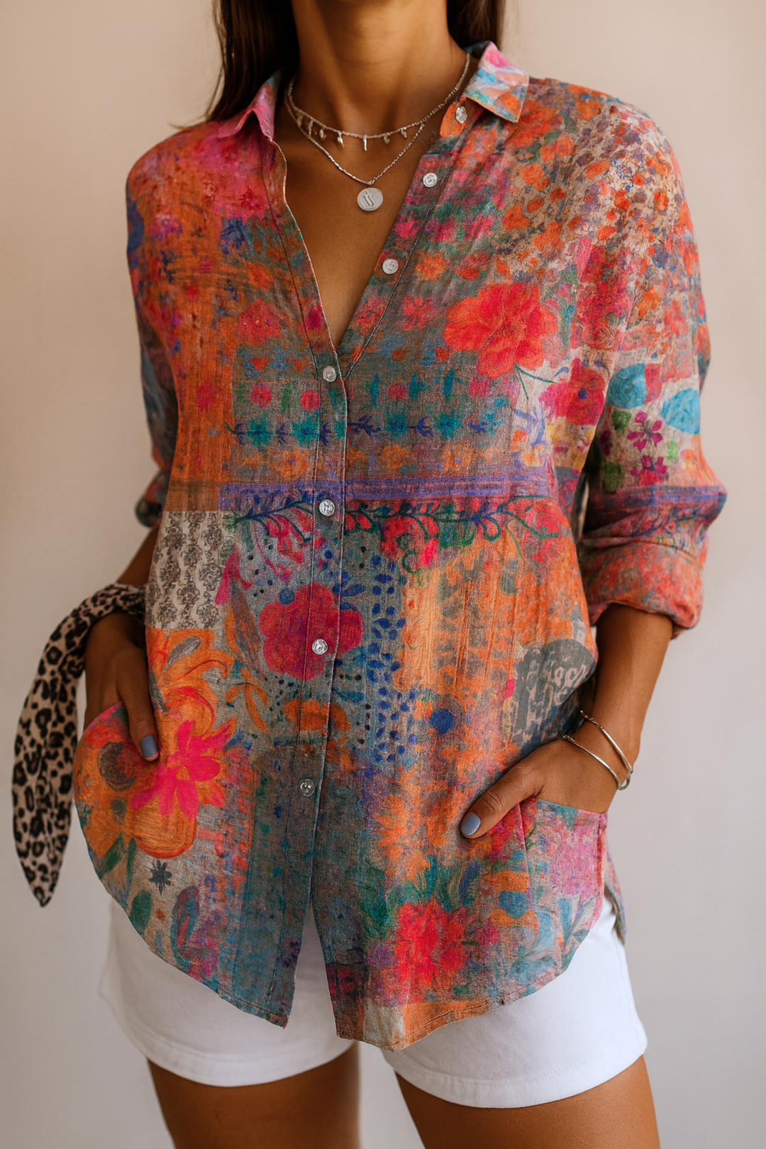 Midi Blouse with Embroidered Details and Stretch Fabric, Colorful Pattern