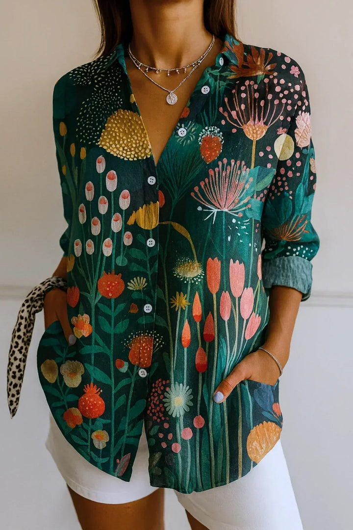 Midi Blouse with Embroidered Details and Stretch Fabric, Colorful Pattern