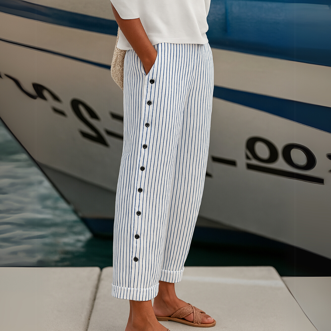 Vertical Striped Button-Front Pants with High-Rise Waist and Tailored Fit