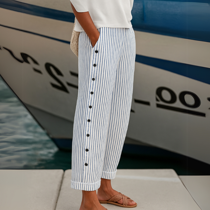 Vertical Striped Button-Front Pants with High-Rise Waist and Tailored Fit