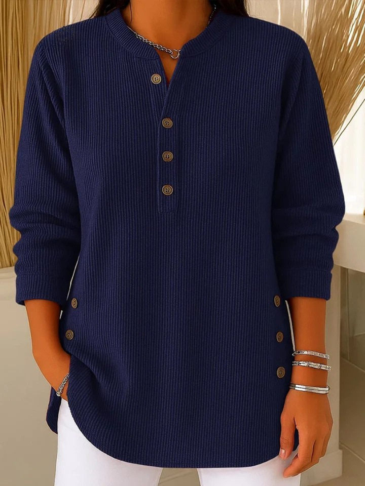 Crew-Neck Pullover Sweater with Button Accent Detail