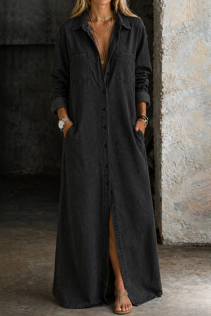 Button Down Dress with Chest Detail and Relaxed Silhouette