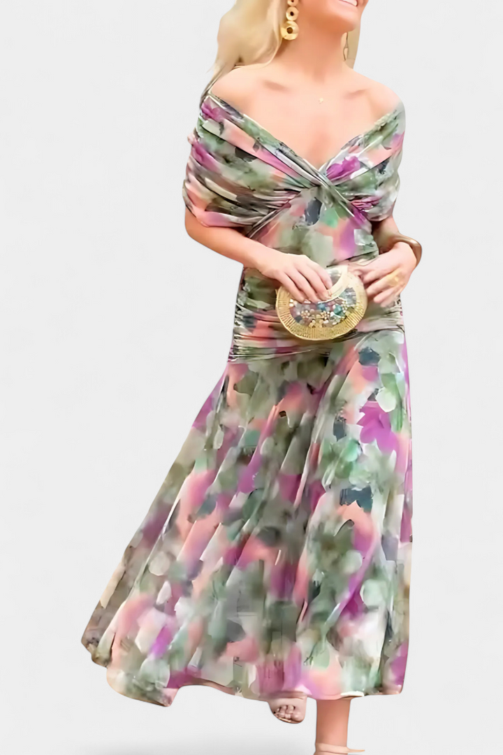 Long Floral Dress with V-Neckline and Pleated Waist Detail