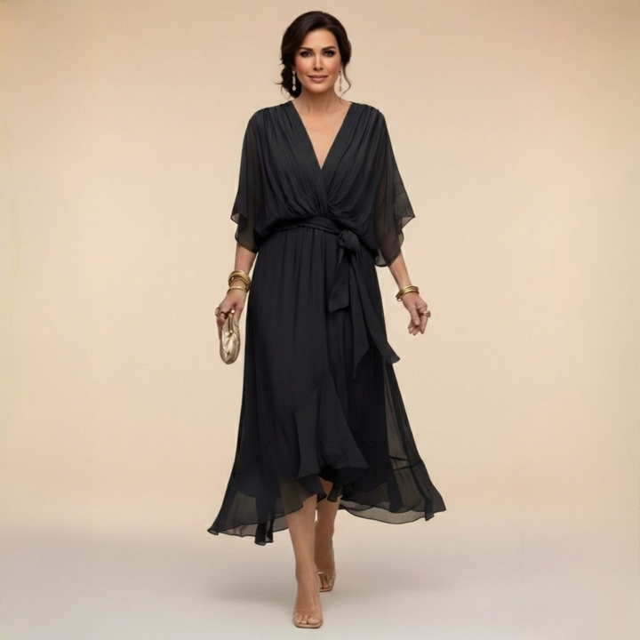 Chiffon V-Neck Dress with Flowing A-Line Silhouette and Lined Interior