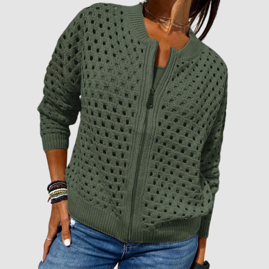 Women's Hollow-Knit Cardigan with Full-Length Zipper and Relaxed Fit