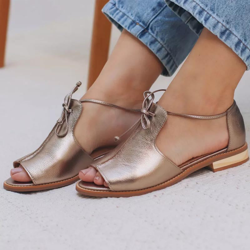 Women's Open-Toe Sandals with Adjustable Bow-Tie Strap and Metallic Finish, Soft Lining