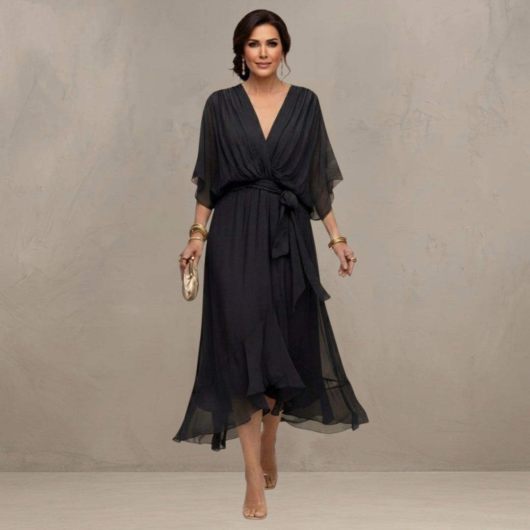 Chiffon Dress with V-Neckline and Flowing Silhouette