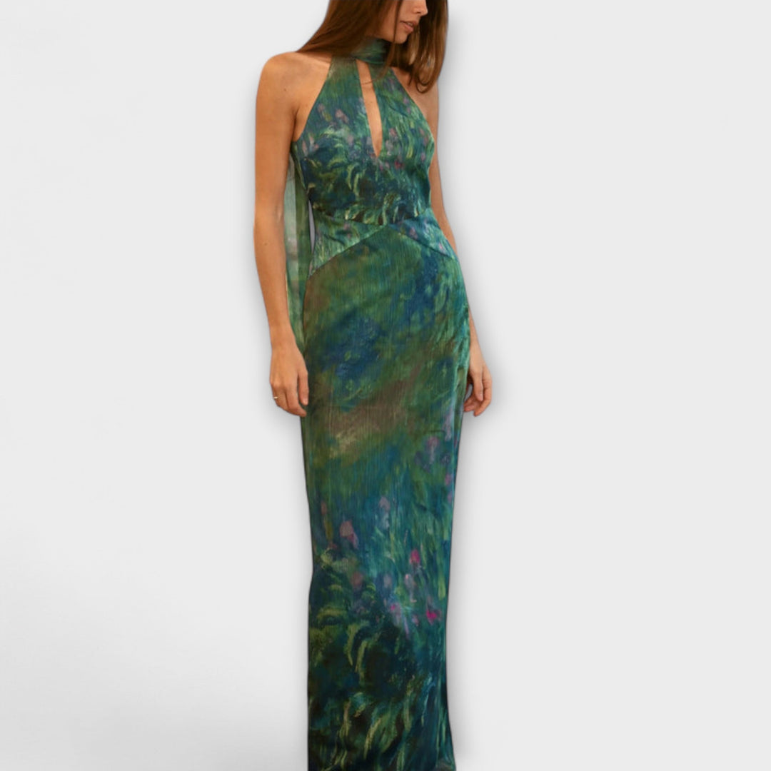 Iris Watercolor Maxi Dress with Keyhole Neckline and Matching Scarf