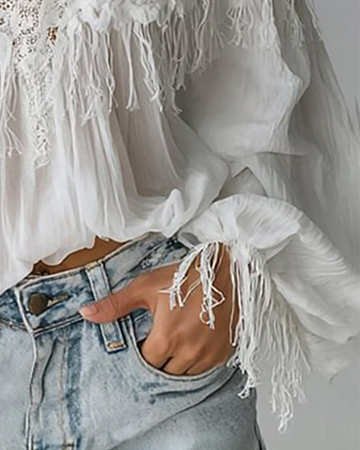 Women's Backless Blouse with Puff Sleeves and Lace Fringe Detail