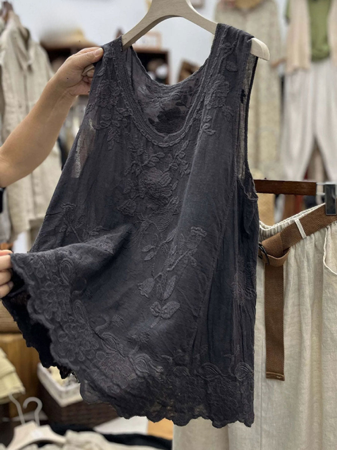 Women's 3/4 Sleeve Shirt with Cotton Linen Blend and Round Neckline