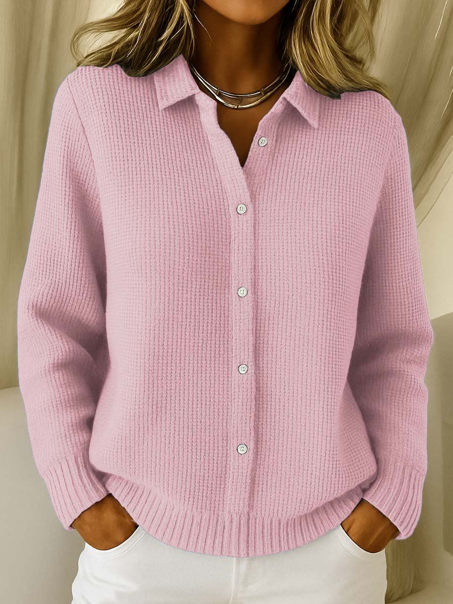 Knit Cardigan with Shirt Collar and Button Front, Cotton Blend