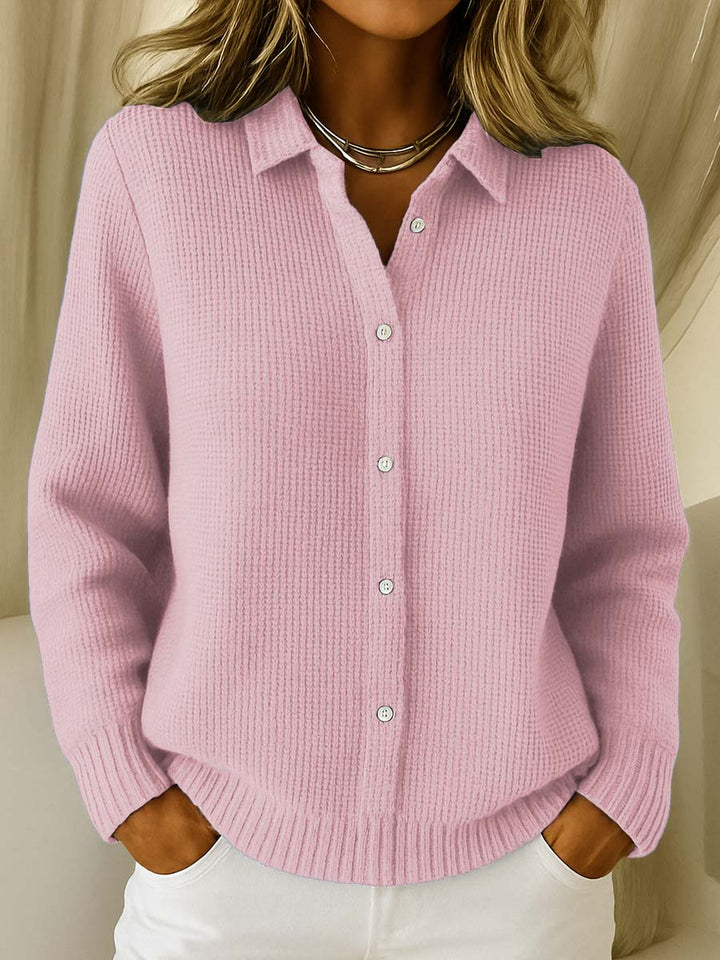 Knit Cardigan with Shirt Collar and Button Front, Cotton Blend