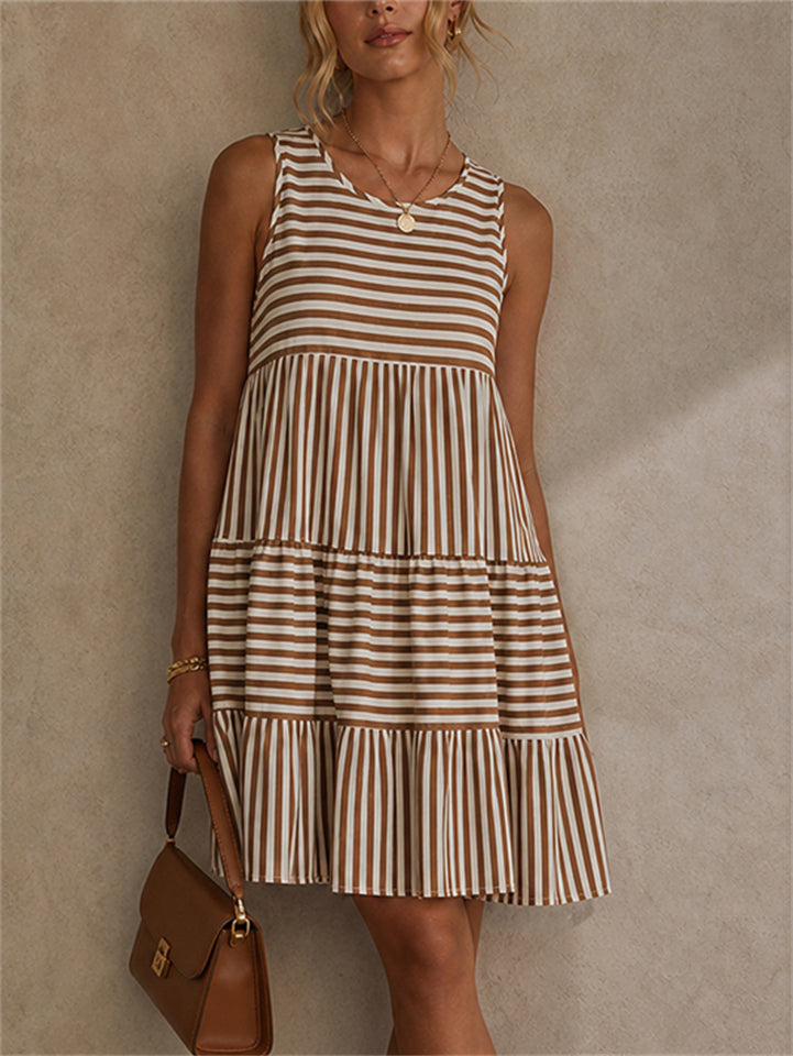 Striped Sleeveless Mini Dress with Pullover Design and Polyester Spandex Blend