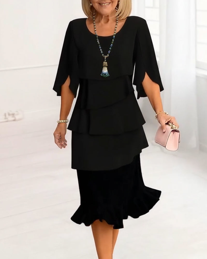 A-Line Midi Dress with Split Sleeves and Layered Ruffles, Round Neckline