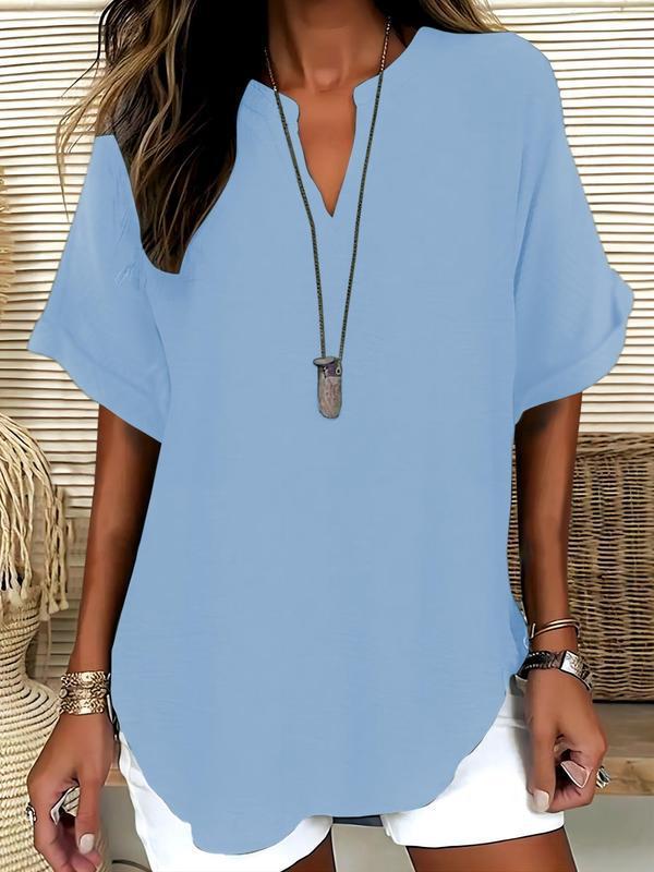 Breathable Notched-Neckline Blouse with Soft-Touch Fabric and Relaxed Fit