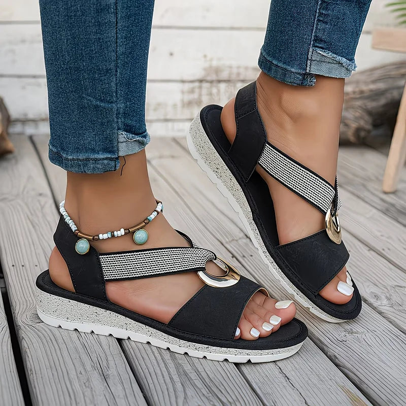 Flat Sandals with Metal Buckle and Adjustable Slingback Strap