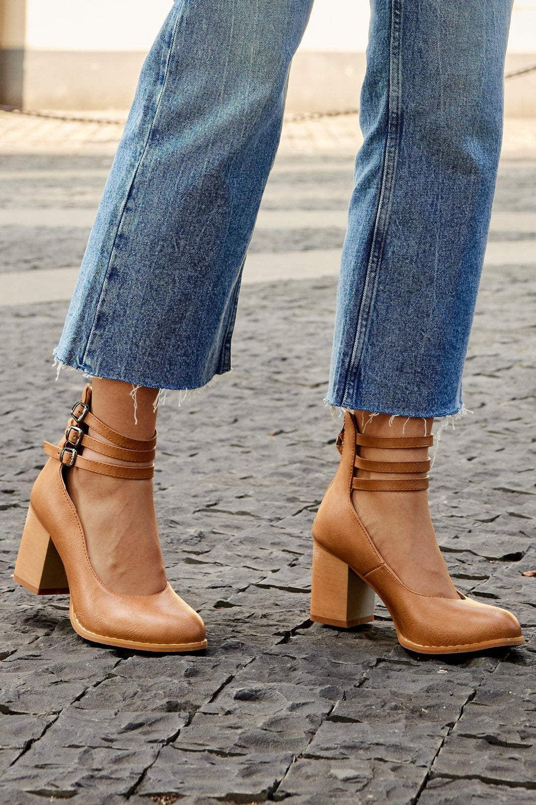 Ankle Strap Block Heel Shoes with Triple Adjustable Buckles