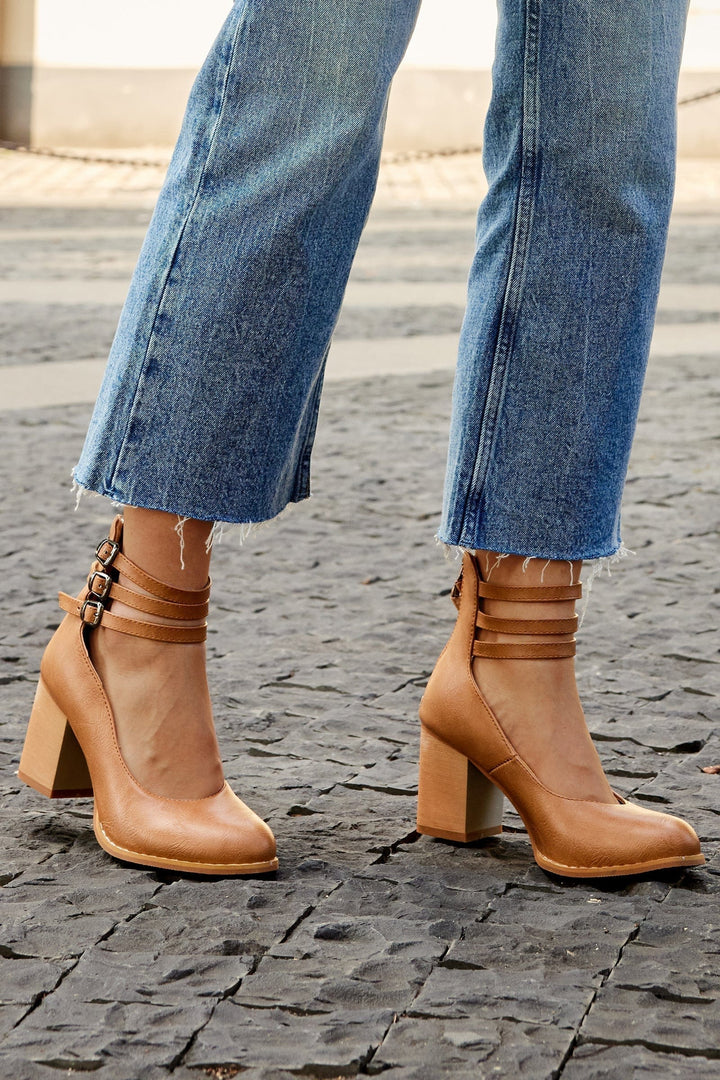 Ankle Strap Block Heel Shoes with Triple Adjustable Buckles