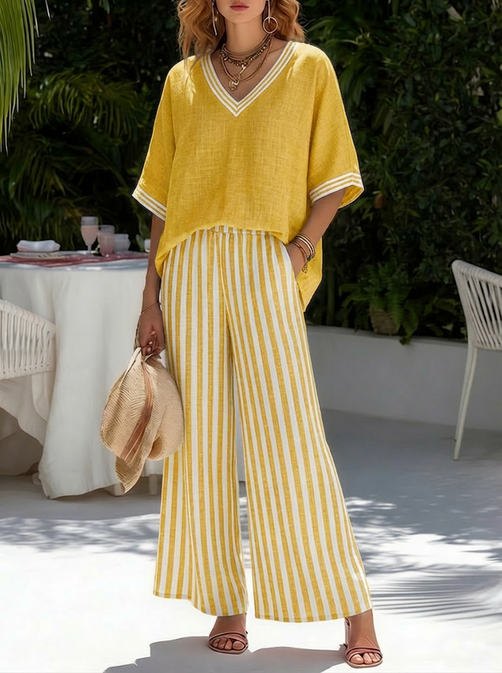 Two-Piece Linen-Blend Set with V-Neckline Top and Relaxed Pants