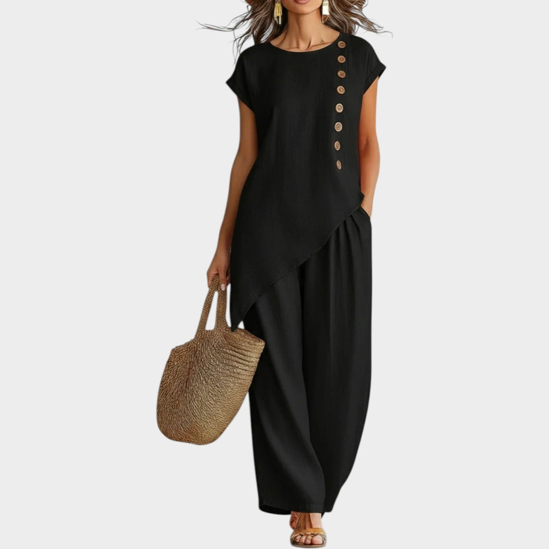 Asymmetric Top with Wide-Leg Pants and Button Accents, Breathable Fabric