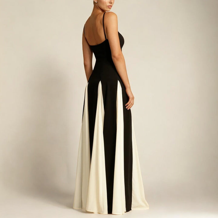 Floor-Length Maxi Dress with Adjustable Straps and Black White Color Blocking