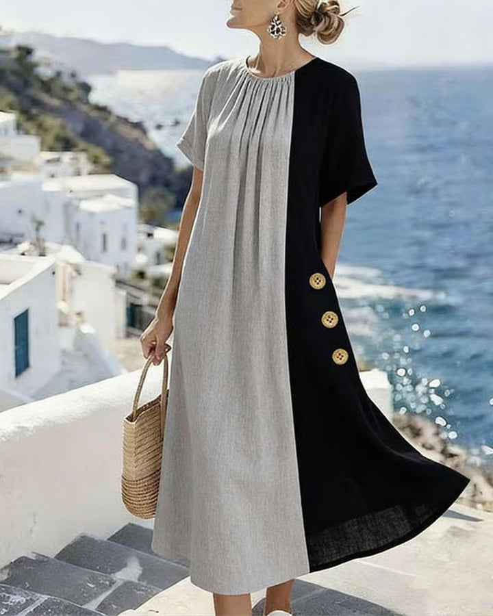 Long Dress with Round Neckline and Contrast Accents