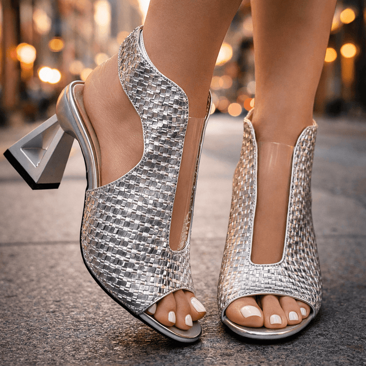 Women's Woven Block Heel Sandals with Cushioned Footbed and Open-Toe Design