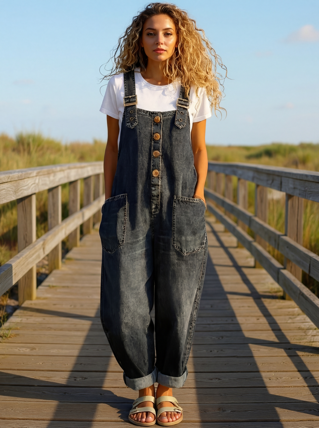 Wide-Leg Denim Jumpsuit with Adjustable Buckle Straps and Front Pockets