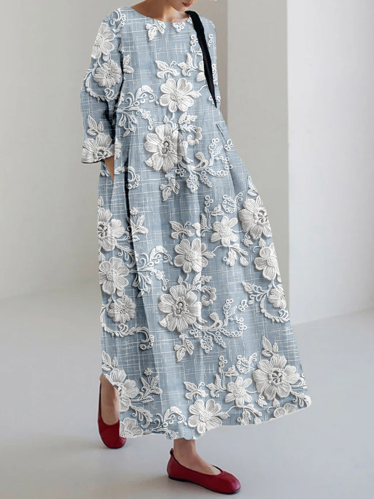Floral Print Maxi Dress with Three-Quarter Sleeves and Flowing Silhouette