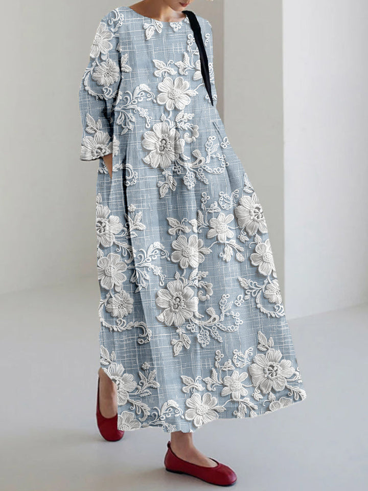 Floral Print Maxi Dress with Three-Quarter Sleeves and Flowing Silhouette