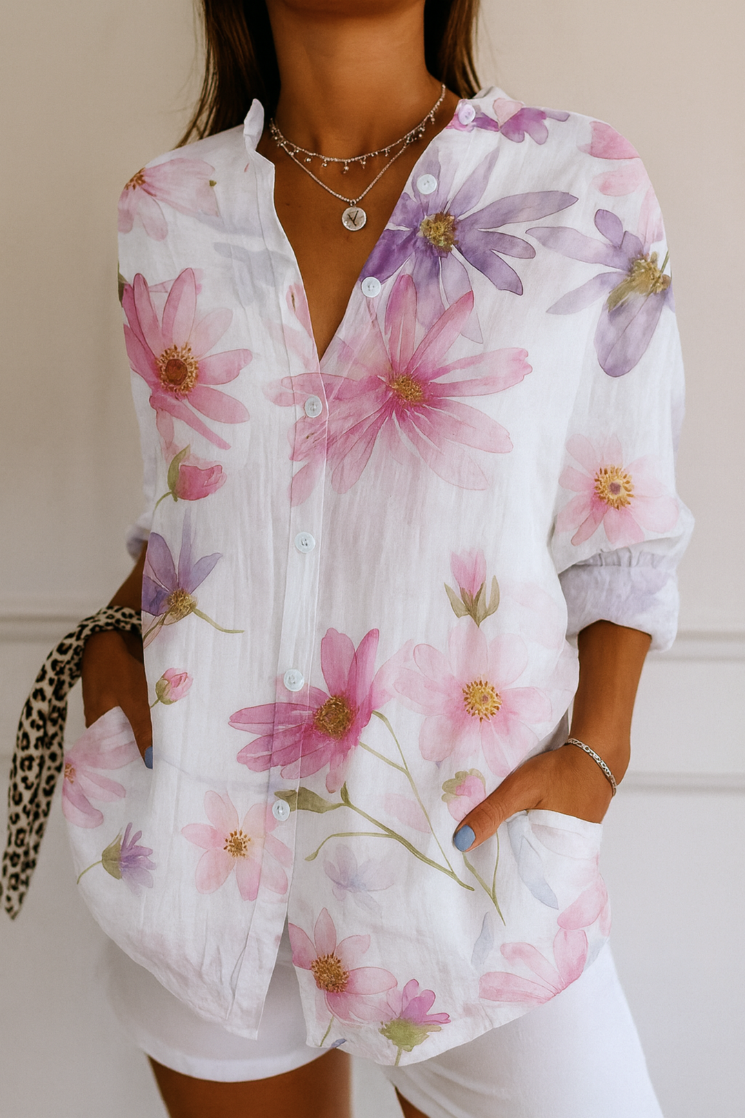 Midi Blouse with Embroidered Details and Stretch Fabric, Colorful Pattern