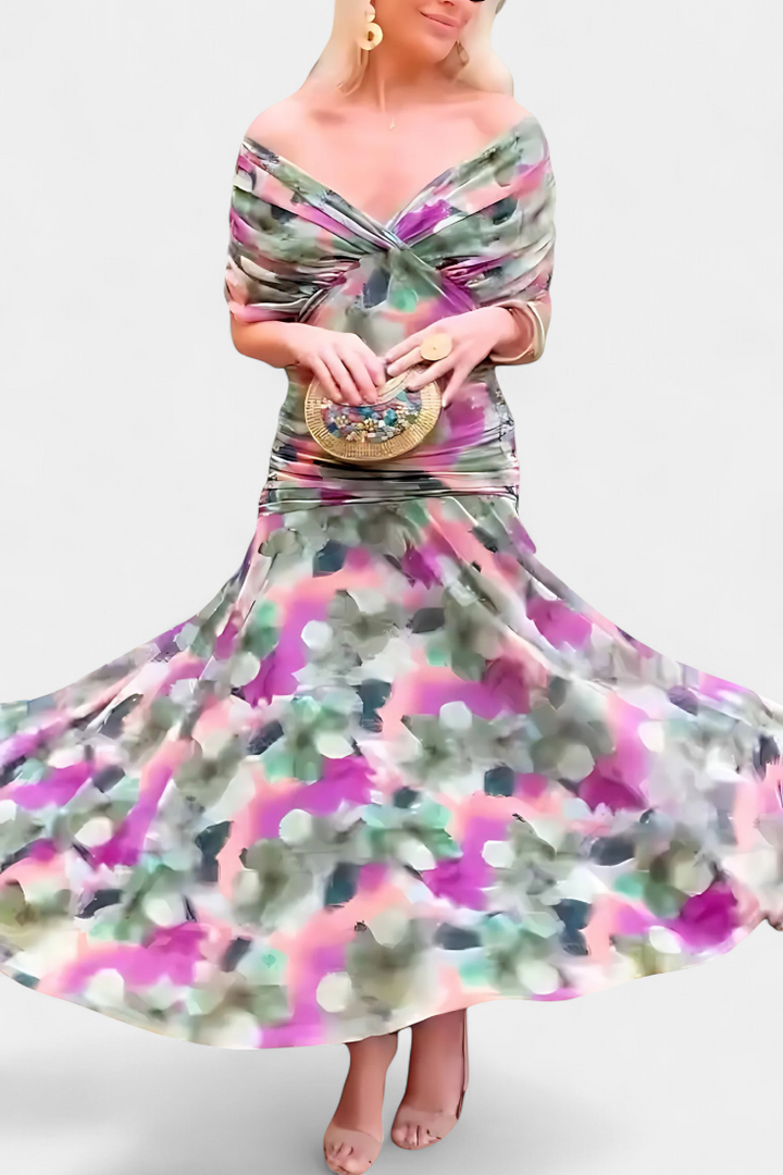 Long Floral Dress with V-Neckline and Pleated Waist Detail