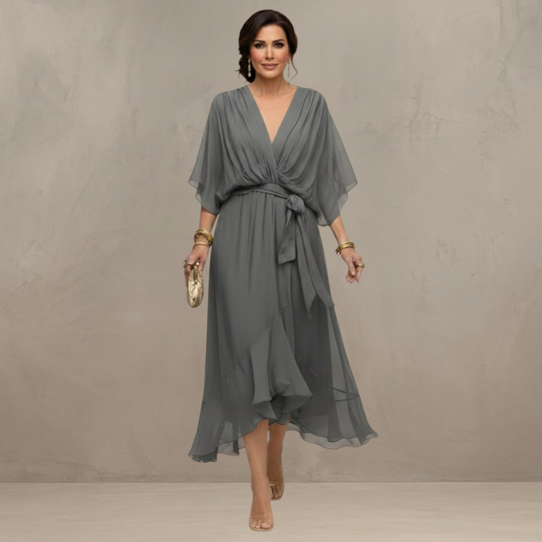 Chiffon Dress with V-Neckline and Flowing Silhouette