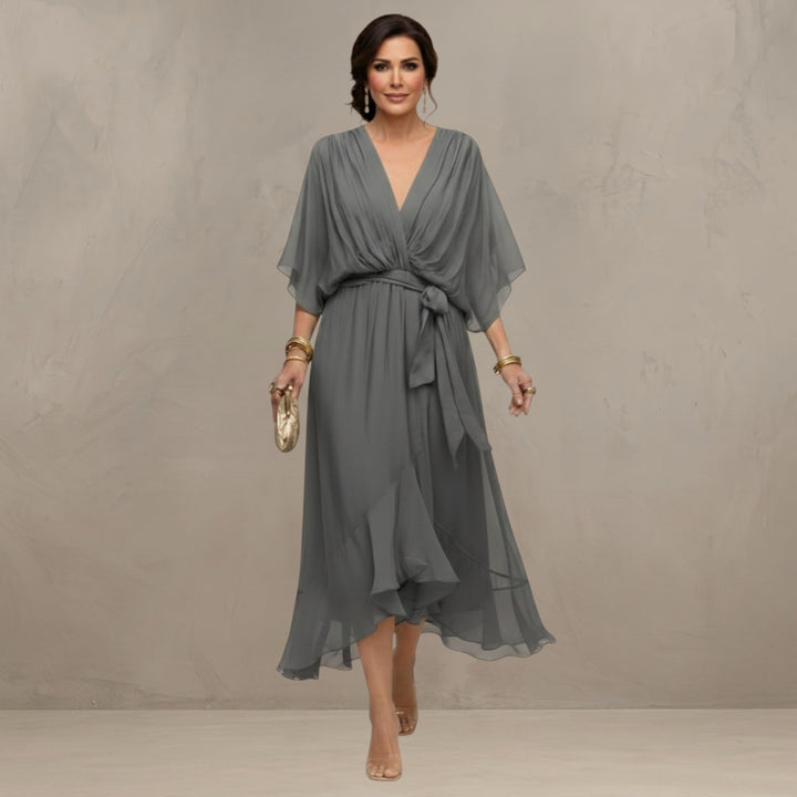 Chiffon Dress with V-Neckline and Flowing Silhouette