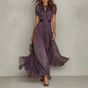 Chiffon Maxi Dress with Lace Trim and Satin Waistband, Keyhole Neckline