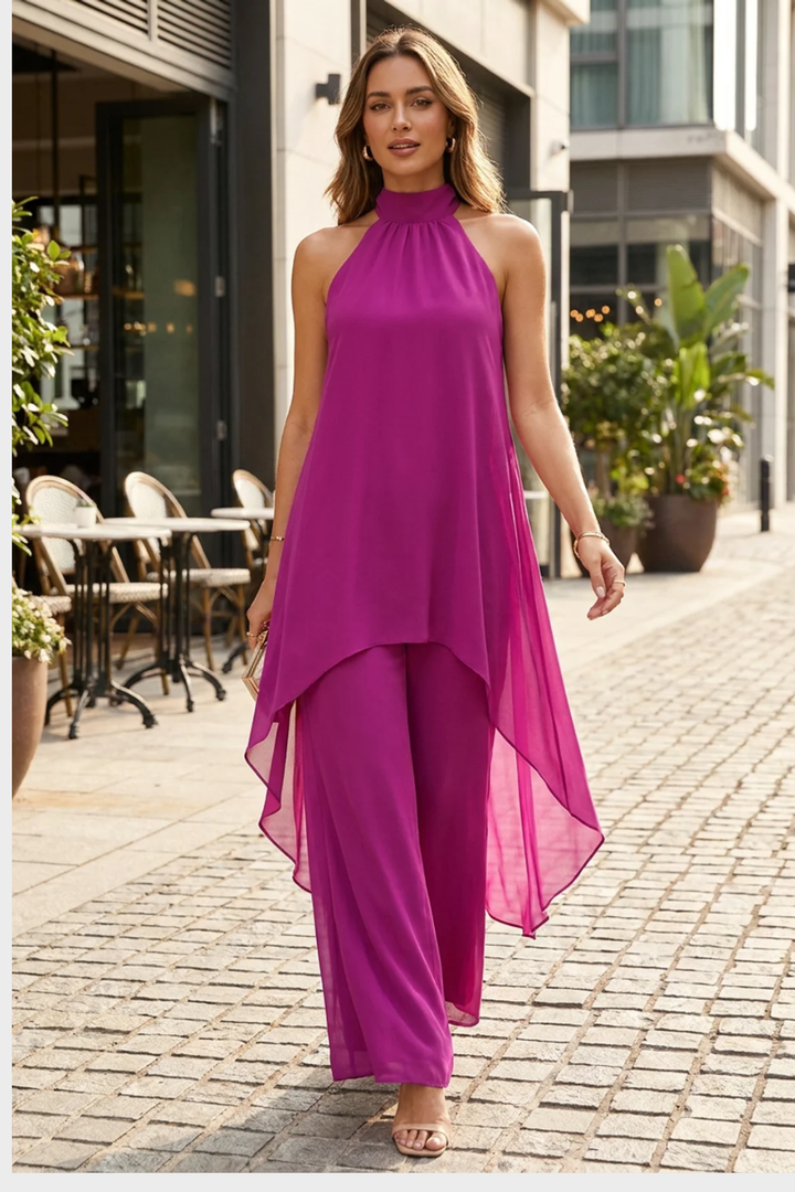Women's Halter Top and Wide-Leg Trouser Set with Tie Closure