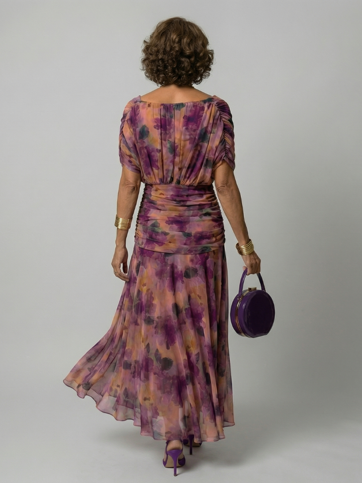 Off Shoulder Midi Dress with Draped Neckline and Flared Skirt